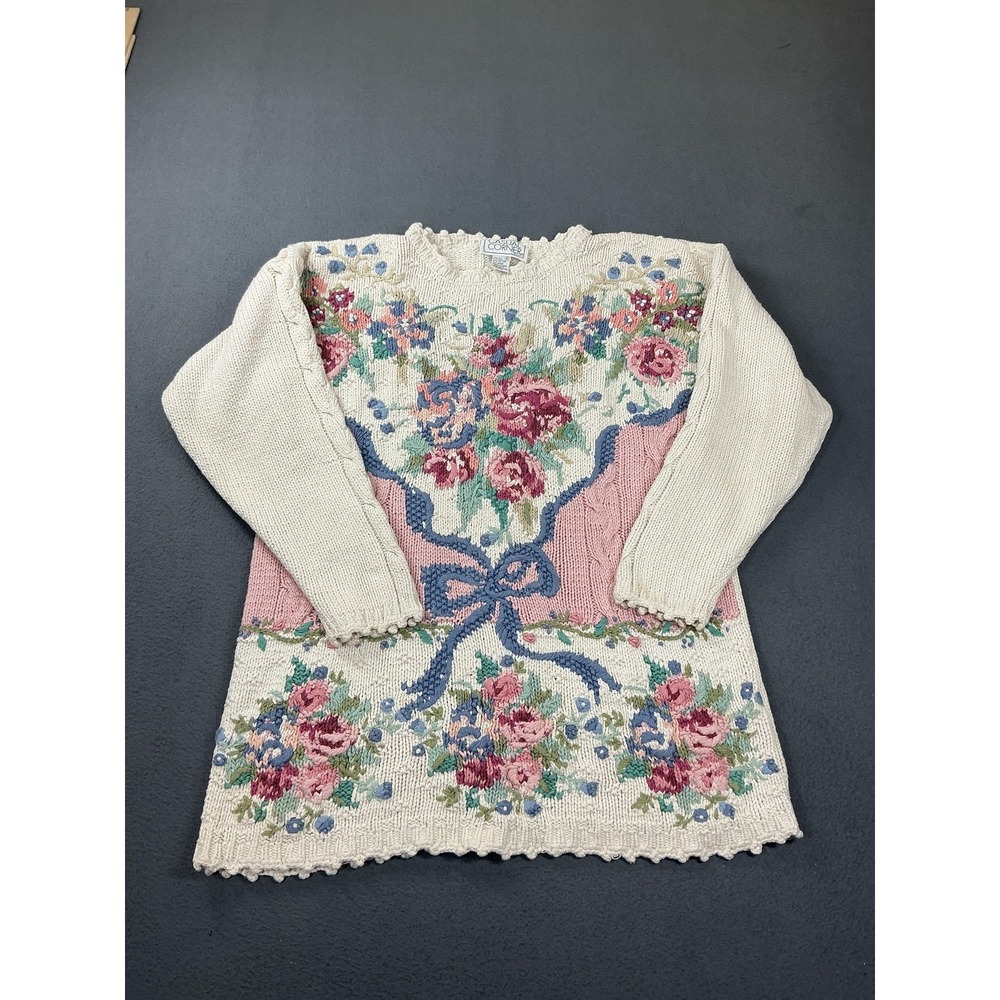 Vintage Casual Corner Sweater Womens Medium White Silk Floral Bow‎ Tunic 90s